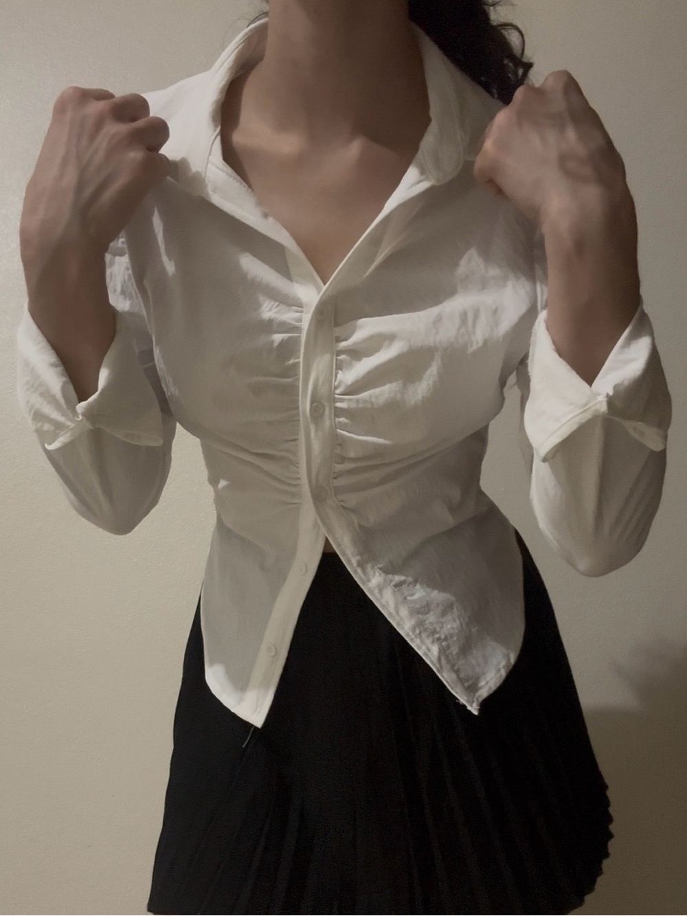 White Ruched Button-Down Shirt